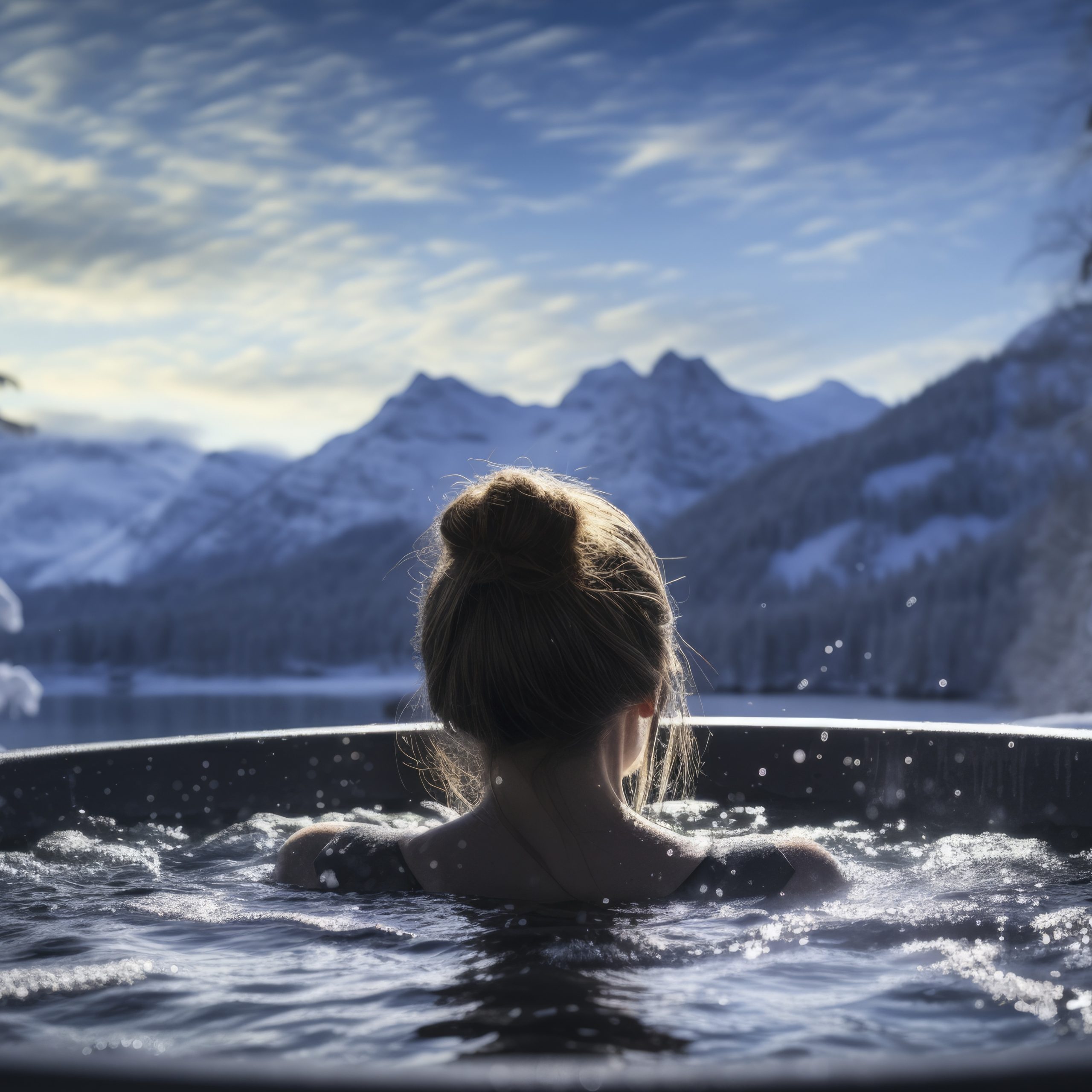 Vrouw in ijsbad tussen de bergen